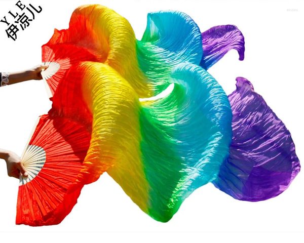 Stage Wear 2024 Est Costole di bambù fatte a mano Puntelli di danza Ventagli di pancia in seta Naturale 1 pezzo Mano sinistra Destra Colore arcobaleno