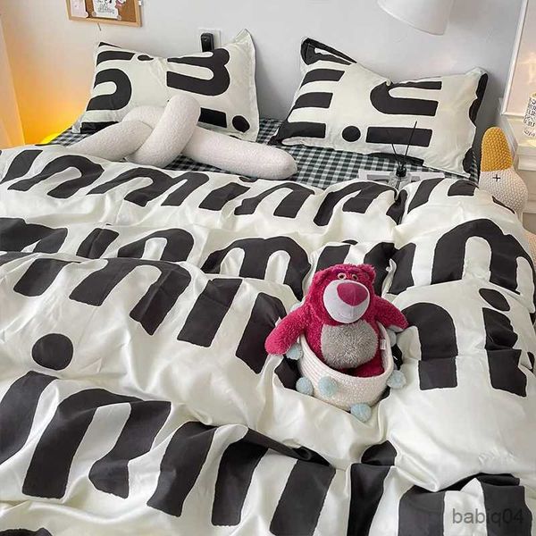 Bettwäsche-Sets, koreanischer Stil, schwarzer Buchstabe, Bettwäsche-Set, Bett, flaches Blatt, Mode, Bettbezug-Set, Kind, Erwachsene, Königin, volles Twin-Size-Bettbezug