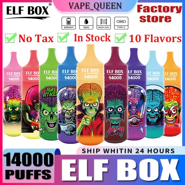 Оригинальная ELF BOX 14000 Puff Одноразовая вейп-ручка 14000 Электронная сигарета 0% 2% 3% 5% Испаритель Перезаряжаемая сетчатая катушка Vape Pen Puffbars доставка на один день затяжки 14K