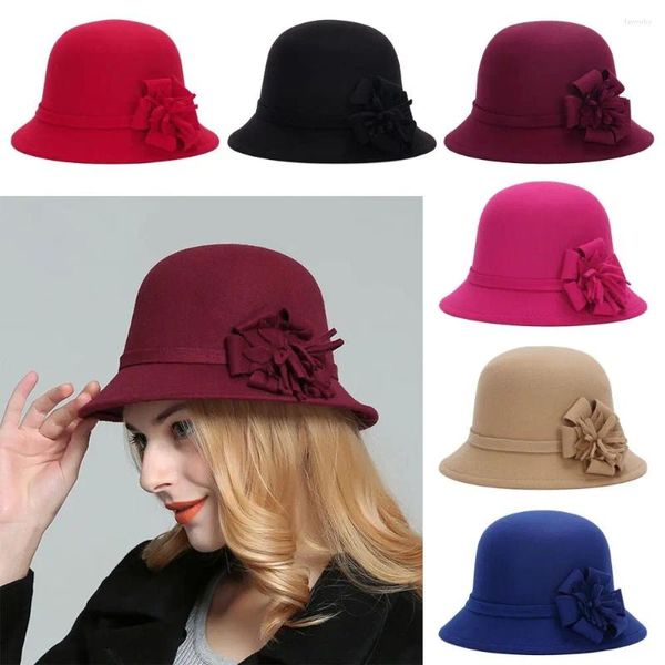 Береты, женские повседневные шляпы-тазики, шерстяной фетр, осенне-зимние шляпы-котелки, шляпа-ведро с цветком, фетровые шляпы-федоры
