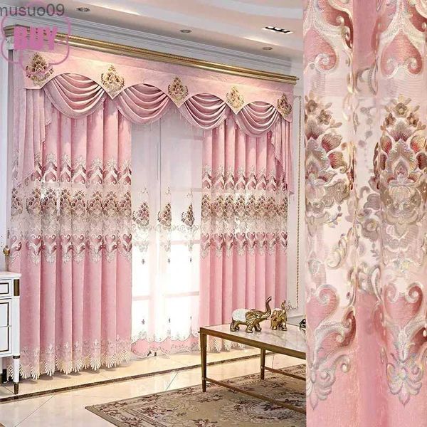 Cortina estilo europeu cortinas para sala de jantar quarto tecido chenille bordado rosa cortinas valance tule janela