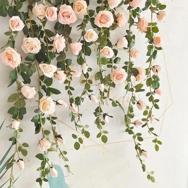 Flores decorativas 6.5ft artificial rosa videira falso flor de seda guirlanda pendurado floral videiras planta para casa ao ar livre festa de casamento jardim