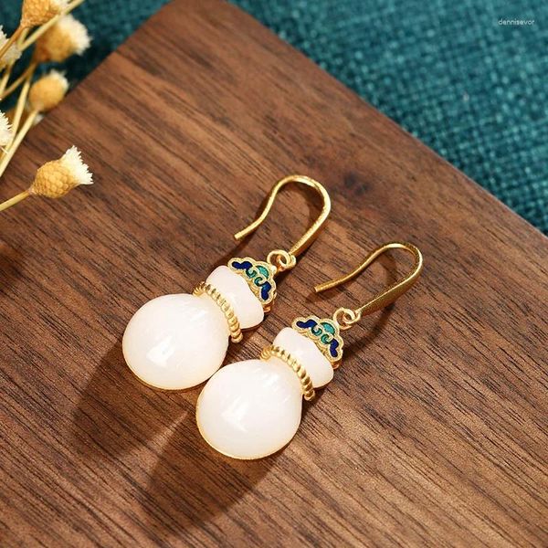 Dangle brincos branco jade cabaça calcedônia moda jóias real designer 925 amuletos de prata esculpida charme luxo feminino presentes naturais