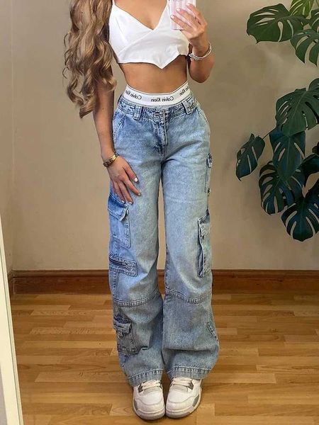 Jeans femininos americanos retro mulheres mercadorias calças cintura baixa reta zíper falso vários bolsos bolsos jeans Y2K azul elegante retro J240217