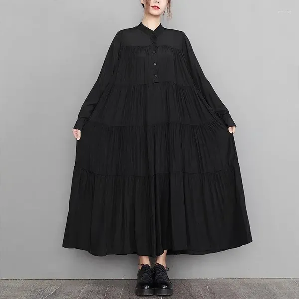 Casual Kleider Große Größe Frauen Kleidung 2024 Herbst Vintage Stil Schwarz Langes Kleid mit Gefaltete Lose A-Line Saum Hemd Roben z2768