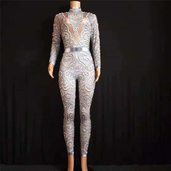 E25 Mulheres pole dance usa bodysuit pérola diamantes macacão roupas apertadas discoteca QERFORMANCE trajes cantor show vestido vestir catw264u
