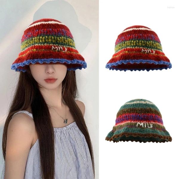 Berets doce meninas crochê listra padrão balde chapéu senhoras pescador boné cor correspondência mulher adolescentes na moda inverno à prova de vento