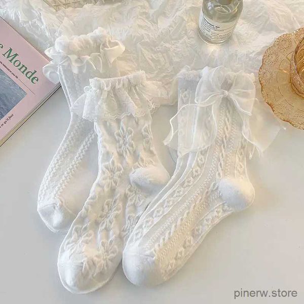 Calzini per bambini Bambini Calzini bianchi in pizzo con fiocco Lolita Calzini in pizzo per ragazze Kawaii Calzini estivi per bambini Bowknot Calzini principessa Sox Calcetines di grandi dimensioni