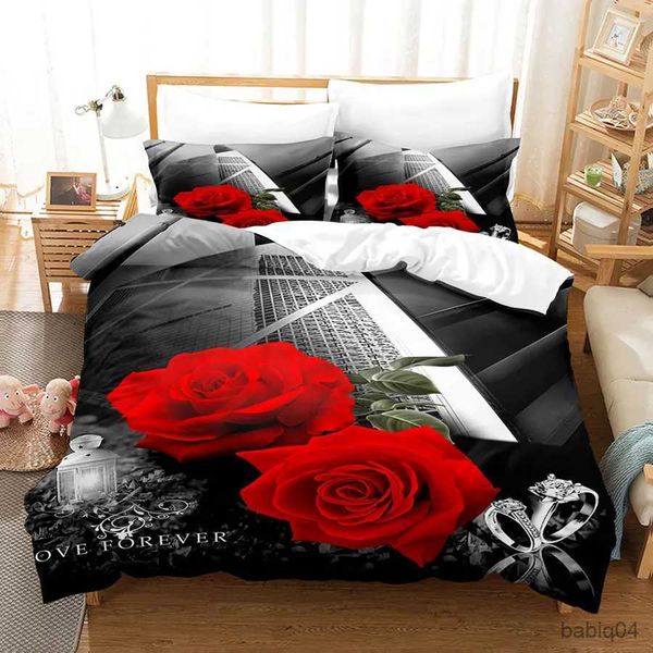 Set di biancheria da letto Set copripiumino con rose rosse Set di biancheria da letto completo 3D Queen King con custodia per letto singolo matrimoniale Regalo di San Valentino