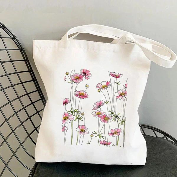 Einkaufstaschen 2024 Shopper Rosa Kosmos Blumen Gedruckt Einkaufstasche Frauen Harajuku Handtasche Mädchen Schulter Dame Leinwand