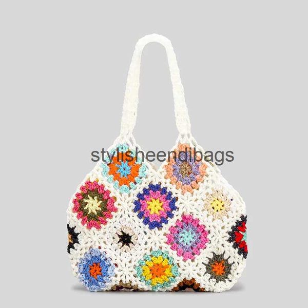 Umhängetaschen Böhmische Häkeln Frauen Blume Plaid Dame Handtaschen Handgemachte Gewebt Gestrickte Sommer Strand Tasche Kleine Tote Bali GeldbörsenH24217