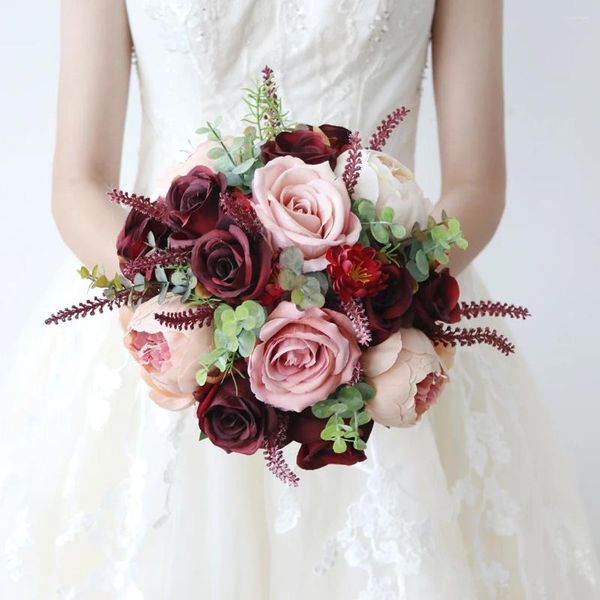 Fiori nuziali NZUK Fiore di seta vintage Bouquet da sposa bordeaux Sposa fatta a mano con accessori per bouquet Ramo Novia