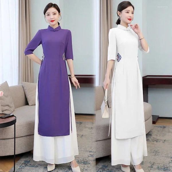 Ethnische Kleidung Vintage Harajuku Lila Ao Dai Vietnam Feste Hosen Zweiteiliges Set Stickerei Chinesischen Stil Frauen Schlank Lässig Weißes Langes Top