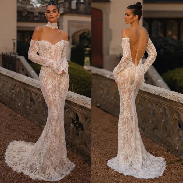 Berta renda sereia vestidos de casamento fora do ombro mangas compridas vestido de casamento de luxo trem varredura ilusão voltar vestidos de noiva