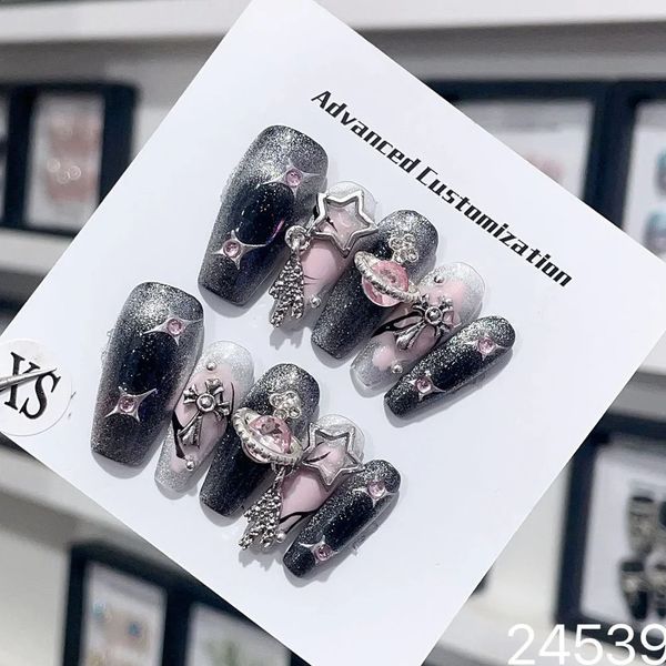 Y2k ручной работы на ногтях в стиле панк, французские роскошные звездные ногти, многоразовые клейкие накладные ногти, черный длинный гроб, искусственный маникюр 240129