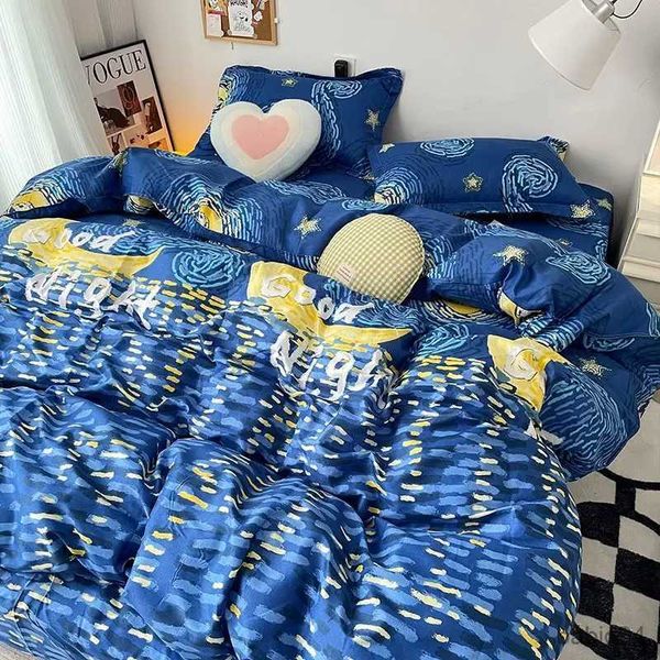 Set di biancheria da letto Set di biancheria da letto blu stile nordico Copripiumino artistico con cielo stellato Twin Copriletto matrimoniale completo Copriletto Lenzuola piatte Biancheria da letto