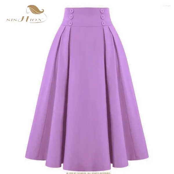 Saias sishion 2024 verão cintura elástica retro saia vintage ss0037 design plissado cor sólida flare midi roxo lilás para mulheres