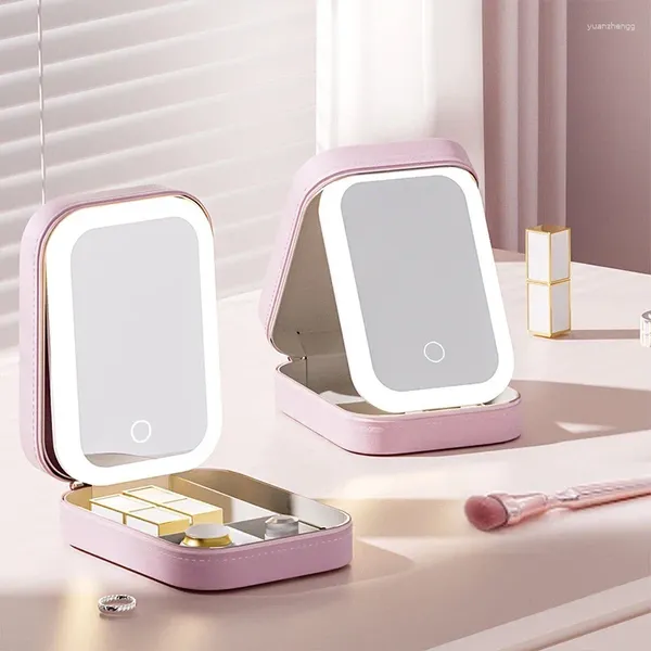 Caixas de armazenamento Maquiagem Luz Viagem LED Touch Mirror Caixa Portátil Organizador Cosméticos com