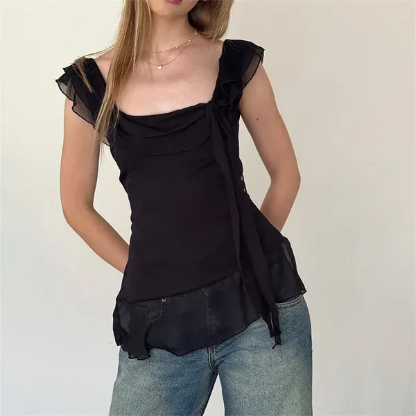 Canotte da donna Xingqing Ruffle Trim Y2k Top Summer Women Sheer See Through Square Neck senza maniche Mesh T Shirt Vest 2000s Streetwear