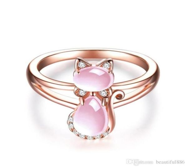 Goccia in oro rosa colore simpatico gatto animale CZ Ross cristallo di quarzo rosa opale anelli gioielli interi per le donne ragazze76598295236097