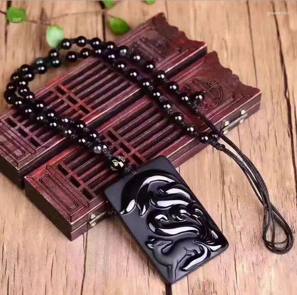 Colares Pingente Gota Preto Obsidian Escultura Nove-cauda Sorte Amuleto Cura Reiki Mulheres Homens Bead Chain Colar Jóias