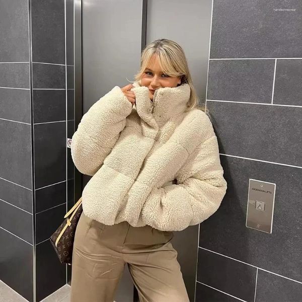 Jaquetas femininas jaqueta de lã mulheres moda senhora mangas compridas bege faux fur high street outono inverno casaco quente feminino top