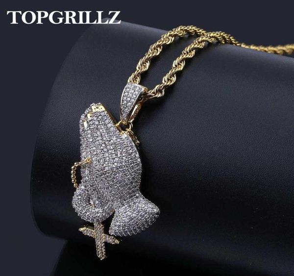 Iced Out Orando Mão Pingente Colar Com Mens Mulheres Ouro Prata Cor Hip Hop Charme Jóias Colar Corrente Para Presentes T19112925245009423