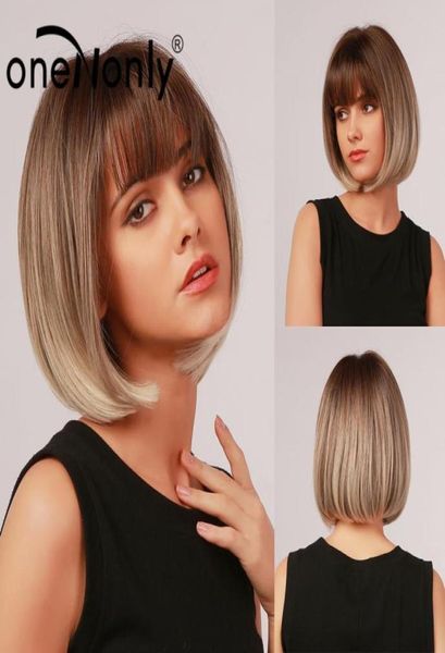 oneNonly Peruca Bobo Curta Ombre Marrom Loira Cinza Perucas Sintéticas com Franja Cosplay Natural Cabelo Diário para Mulheres Resistente ao Calor 527674294711