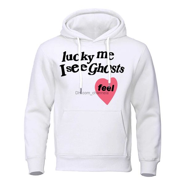 Felpe con cappuccio da uomo Felpe Lucky Me Isee Ghosts Feel Felpe stampate Mens Personality Fashion Felpa con cappuccio Hip Hop Fleece Streetwear Felpa con cappuccio in pile sciolto per uomo T240217