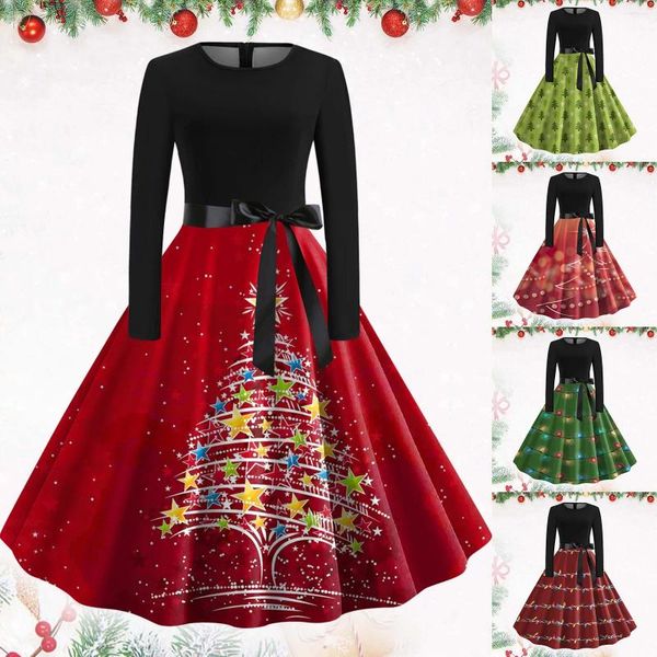 Lässige Kleider Rot Weihnachten für Frauen Vintage 50er 60er Langarm Swing Pinup Kleid Weihnachtsbaum Print Eleganter Urlaub