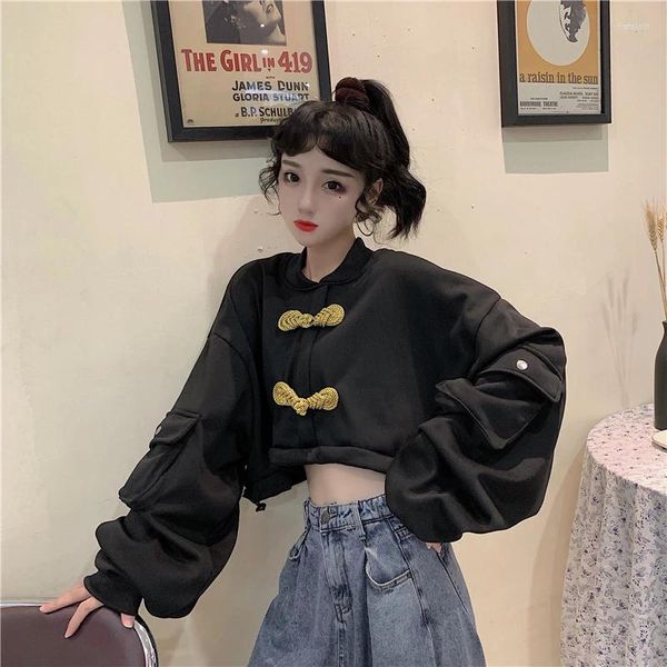 Ethnische Kleidung Gothic Punk Frauen schwarze Hoodies Harajuku asiatische Streetwear Mädchen übergroße abgeschnittene Sweatshirt Vintage japanische Kleidung KK3989