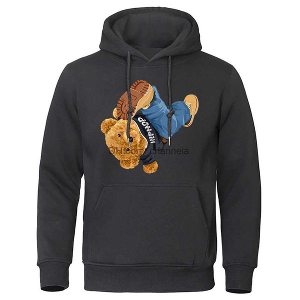 Erkek Hoodies Sweatshirts Hip-hop dans oyuncak ayı sevimli baskı erkek kapüşonlu moda nefes alabilen sweatshirt sıcak polar sokak kıyafeti moda gündelik sweatshirt T240217