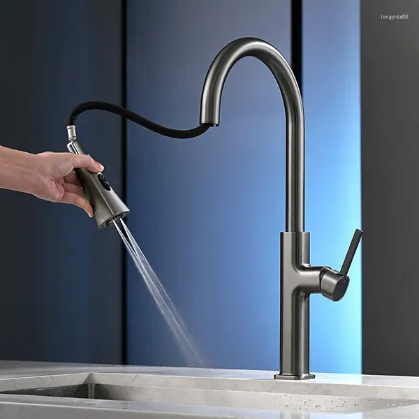 Torneiras de cozinha Pull Out Torneira com 3 modos Bico de água Matte Black Sink Mixer Tap Deck Mount Gun Metal