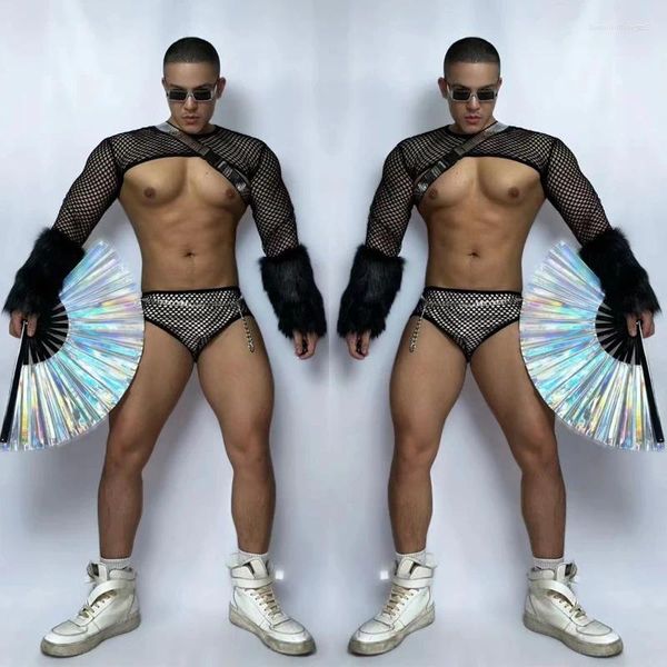 Stage Wear Sexy Mangas De Pele Malha Top Briefs Homens Pole Dance Roupas Gogo Dancer Costume Nightclub Dj Rave Outfit XS5047