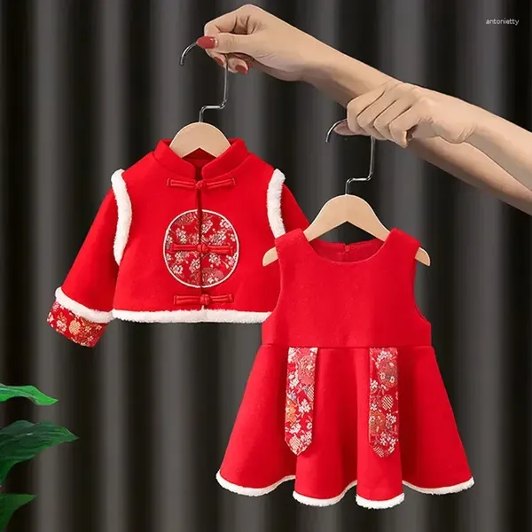 Ethnische Kleidung 2024 Winter Großes rotes Mädchen Anzug Kleid Lange bestickte Ärmeljacke Chinesischer Stil Kinderjahr verdicken Tang