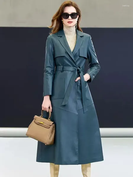 Jaqueta de couro feminina gola de pele real elegante feminino longo trench coat com cinto fino ajuste inverno quente pele carneiro para baixo senhoras ge2024