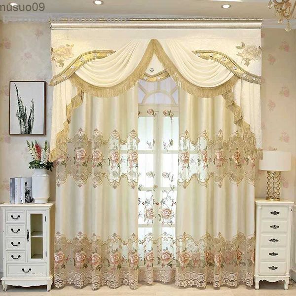 Cortina europeia oca bordada cortinas de luxo para sala de estar jantar quarto blackout amarelo valance flores linda decoração de tule