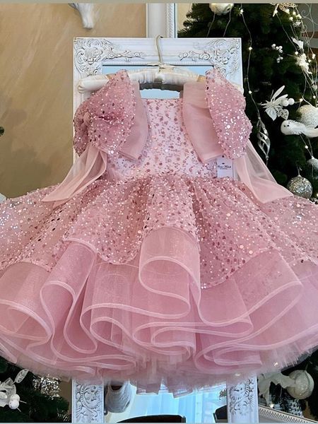 Bling bling rosa rosa cristalli a valotto cristalli bambina da matrimonio frist comunione abiti da concorso abiti grandi prua principessa principessa abito peageant 403 403