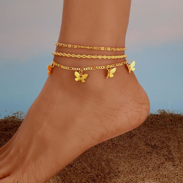 Bohemia Butterfly Chain 14k Giallo Gold Cavieri per donne Accessori per piede alla moda Summer Bracciale alla caviglia a piedi nudi