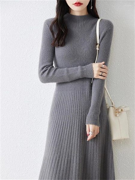 Vestidos casuais lã midi vestido para mulheres outono inverno moda gola manga longa vintage chique elegante sólido