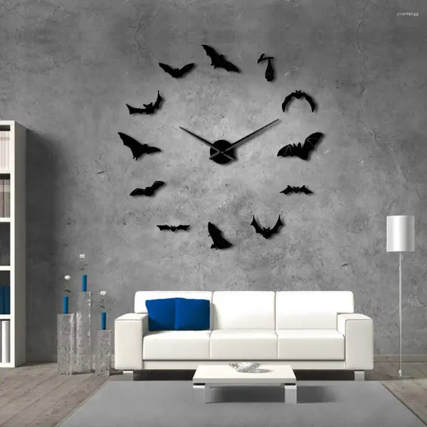 Wanduhren, Fledermäuse, große DIY-Uhr, modernes Design, Halloween-Heimdekoration, rahmenlose Riesenuhr, Vampir-Kunst, Spiegel