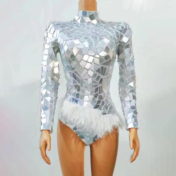 Stage Wear Prata Espelhos Feather Bodysuit Sexy Pole Dance Roupas Mulheres Gogo Dancer Costume Nightclub Dj Rave Outfit XS6139