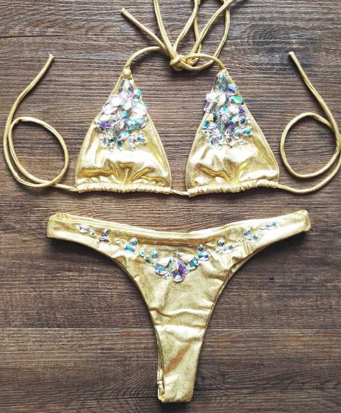 Mulheres Swimwear Strass Biquínis Mulheres 2019 Sexy Cristal Maiô Mulheres Swimwear Dourado Alta Corte Bandage Mulheres BathSuits Biquinis J240202