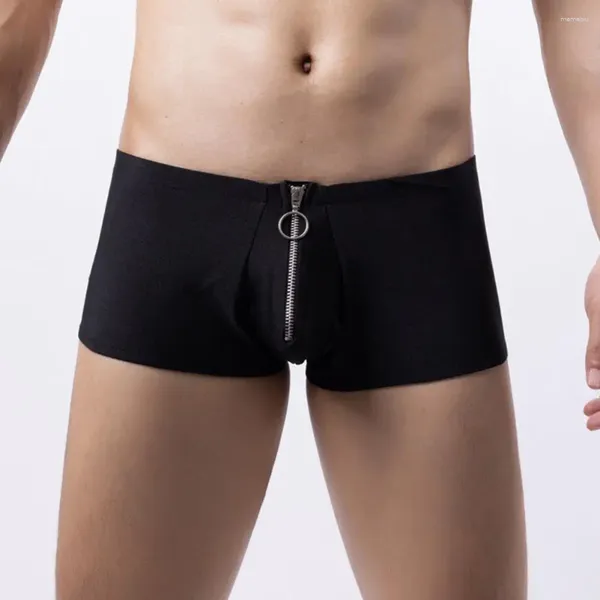 Cuecas masculinas boxers zíper fechamento cintura baixa elástica cor sólida masculino roupa interior u convexo respirável anti-séptico secagem rápida