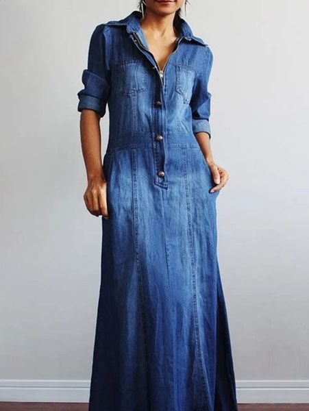 Manga comprida lapela gola vestido feminino botão zíper bolso em linha reta denim roupas casuais vestidos de cor sólida plus size 240202