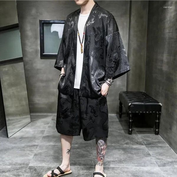 Abbigliamento etnico Kimono Cardigan Abito da uomo Pantaloncini estivi giapponesi Set Yukata Cappotto da uomo con stampa Haori Obi Wave Tradizionale giapponese