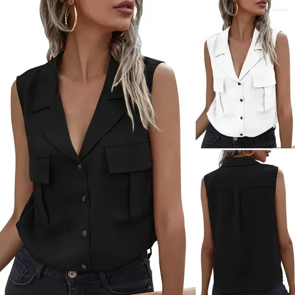 Canotte da donna Camicia in chiffon da donna Colletto con bavero Tasca applicata Chiusura con bottoni larghi Abbigliamento per il tempo libero Cardigan Canotta solida Canotta estiva senza maniche