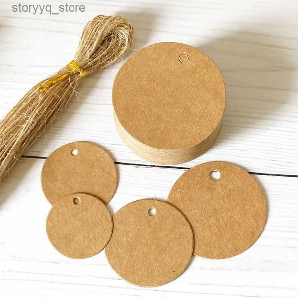 Etichette Tag 100 pezzi 3-5 cm Etichette rotonde in carta Kraft con corde Matrimonio Compleanno Festa di Natale Regalo Hang Tag Etichette Forniture per imballaggio Decor Q240217