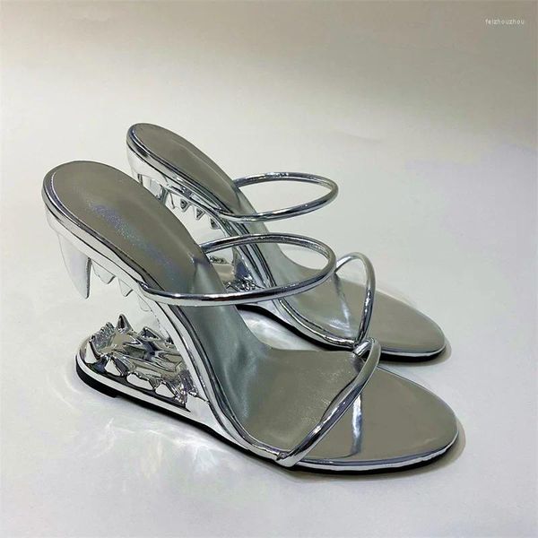 Sandalen Ippeum Metallic Silber Wedges 2024 Sommer Design Metallzahn Hochhackige Sexy Rosa Hausschuhe Damen Y2k Schuhe