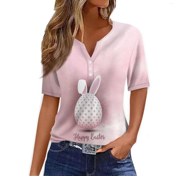 Camiseta feminina moda casual páscoa impressa com decote em v manga curta botão decorativo camiseta topo mulher blusa 2024 roupas femininas